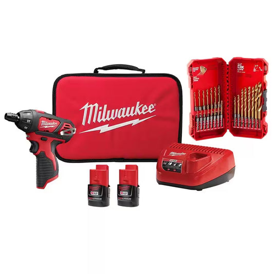 M12 12V Lithium-Ion Cordless 1/4 In. Hex Screwdriver Kit W/ Shockwaveimpact Duty Titanium Drill Bit Set (23-Piece)