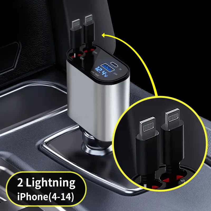 Retractable Car Charger, 4 in 1 Fast Car Phone Charger 66W, Retractable Cables and USB Car Charger,Compatible with Iphone 15/14/13/12/11,Galaxy,Pixel